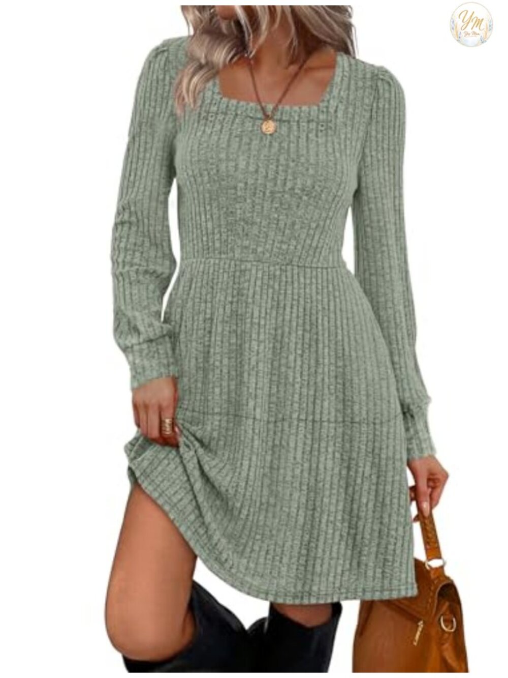 Sampeel Square Neck Long Sleeve Babydoll Sweater Dress Casual Fall Tunic